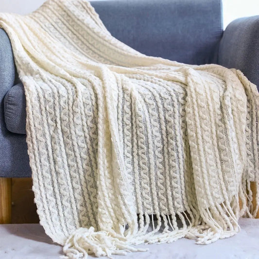 Manta para Sofá Jacquard em Tricô com Franjas