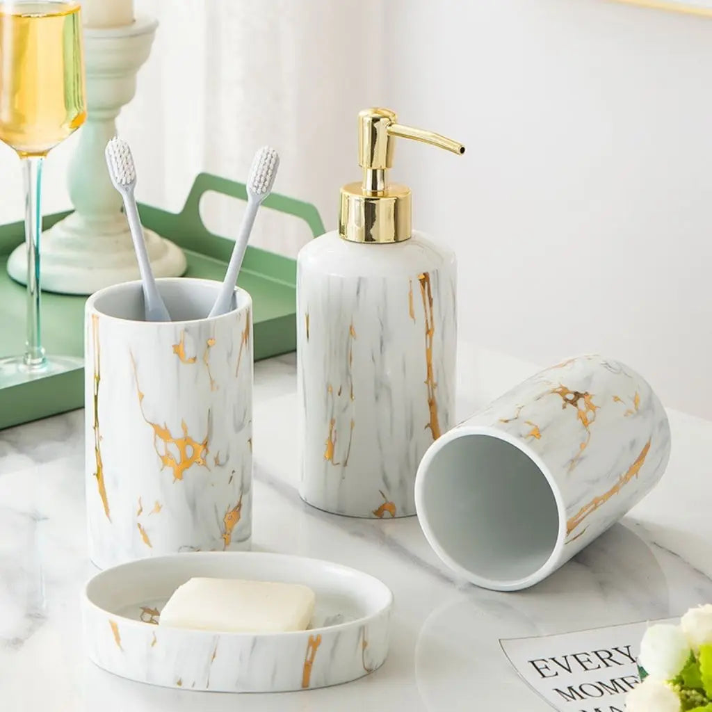 Kit de Banheiro Amelia de Mármore – Kit de Higiene de 4 Peças de Cerâmica