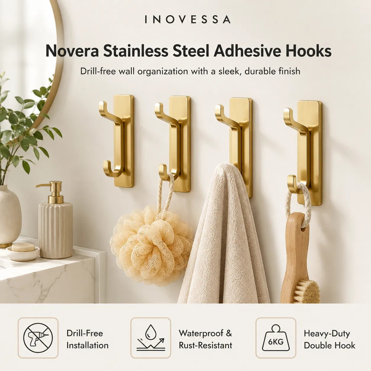 Ganchos Adesivos Novera de Aço Inoxidável
