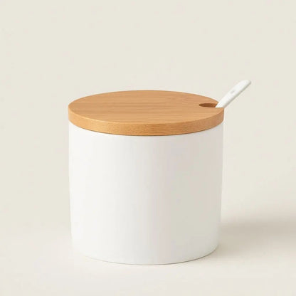 Pote de Temperos com Tampa de Bambu e Colher Evel de Cerâmica