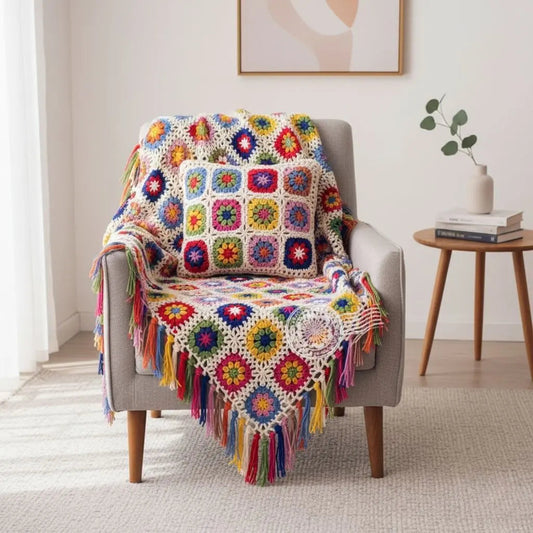 Manta Boho Tecida à Mão com Franjas – Estampa Floresta