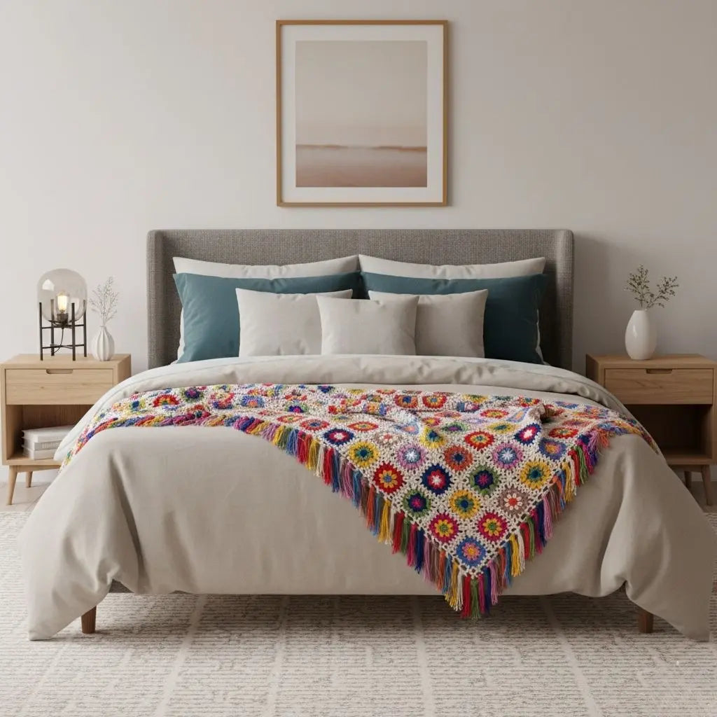 Manta Boho Tecida à Mão com Franjas – Estampa Floresta