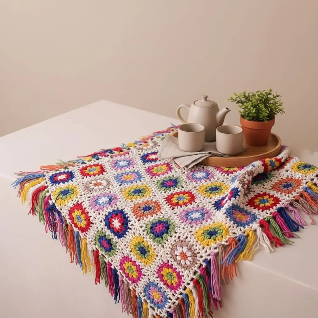 Manta Boho Tecida à Mão com Franjas – Estampa Floresta